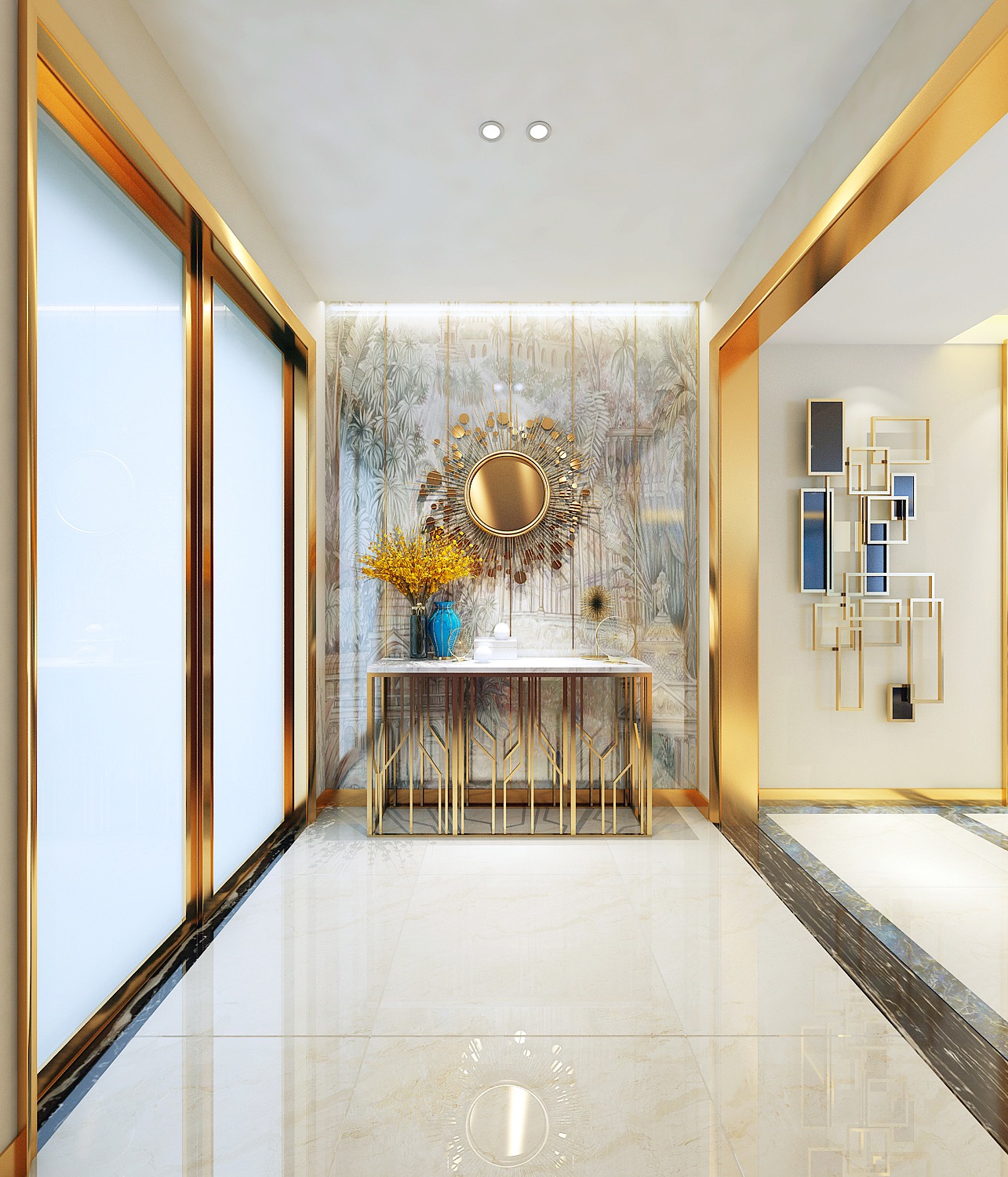 這個(gè)是在入戶門的玄關(guān)展示 對面陽臺的落地玻璃窗,整體線條是金屬_裝修美圖-新浪家居